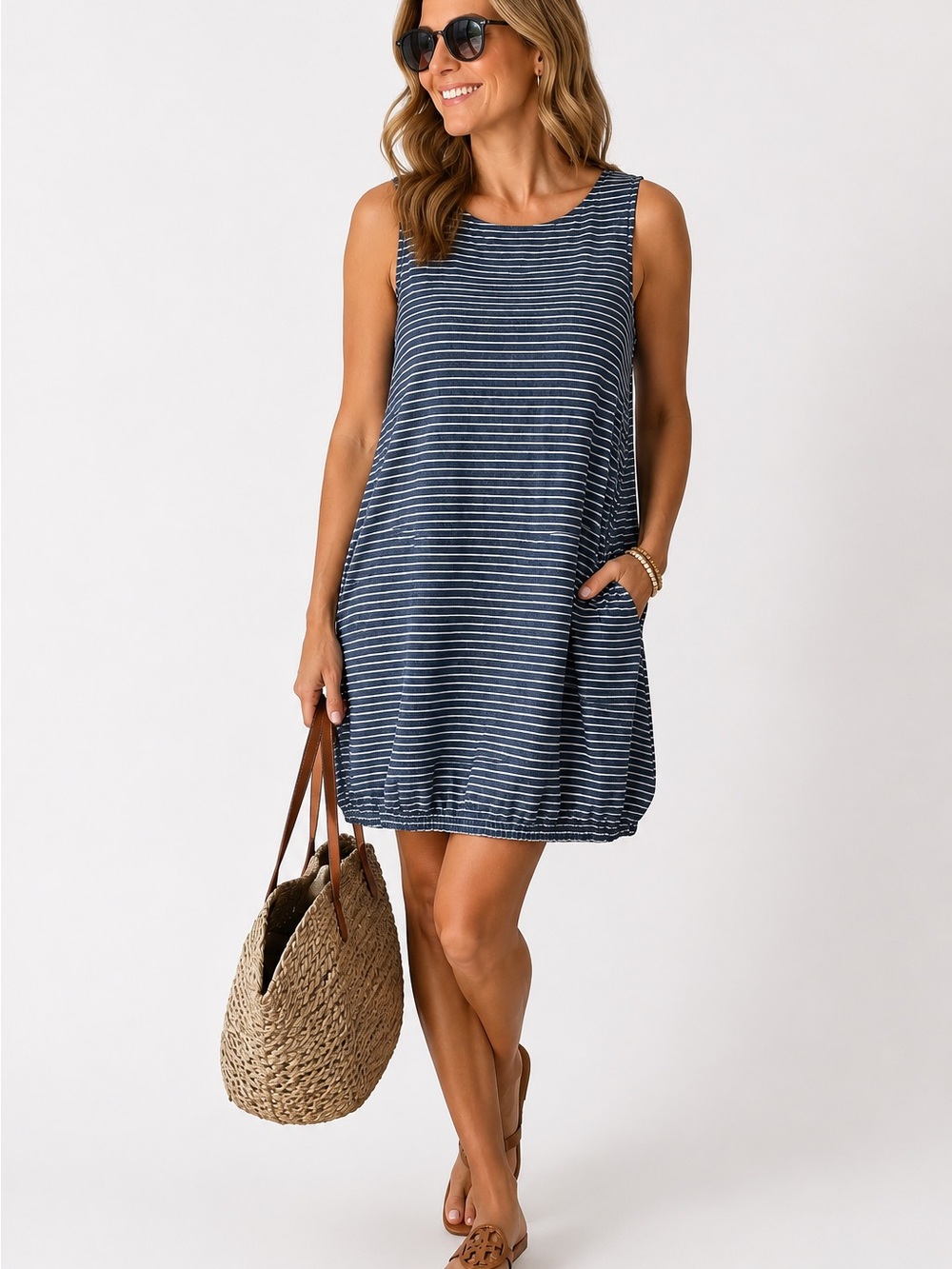 Coastal Grandma Linen Blend Striped Tunic Dress Beach Cover Nautical Beach L - Picture 1 of 5
